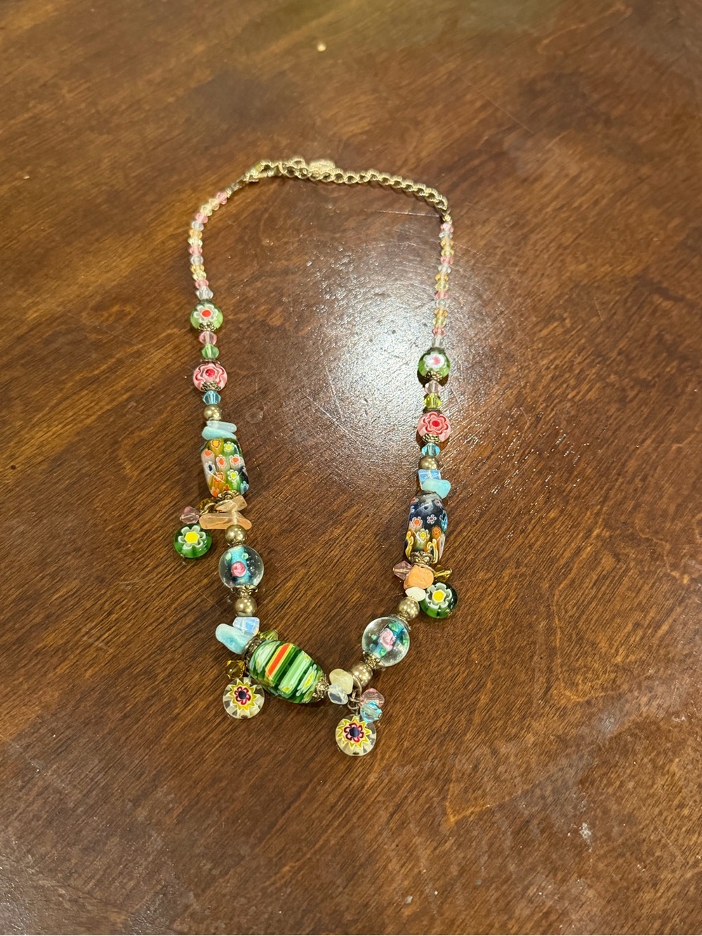 Vintage Signed TARA Italian Murano Art Glass Flower Charm Statement Necklace 19”